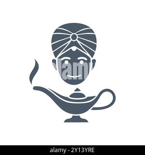 Icona della lampada genie. Il genio dei cartoni animati esce da una lampada, simboleggiando i desideri e la magia. Perfetto per icone di app, siti Web e presentazioni. Illustrazione Vettoriale