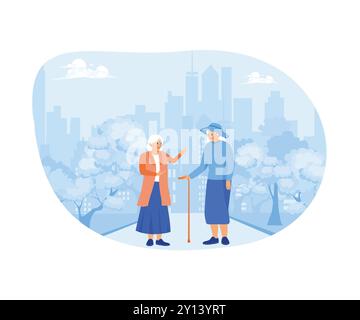Due donne anziane che camminano lungo una strada della città. Camminavano mentre raccontavano storie insieme. Panorama urbano con concetto di pedoni. tendenza moderna piatta v Illustrazione Vettoriale
