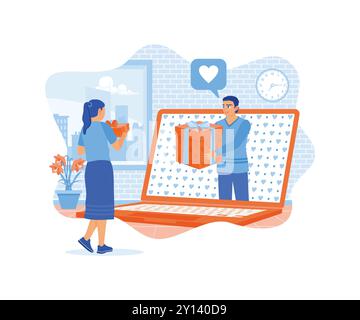 Relazioni a lunga distanza e incontri virtuali. Mostratevi i vostri regali sullo schermo del notebook. Concetto di relazioni virtuali. Illustrazione vettoriale piatta. Illustrazione Vettoriale
