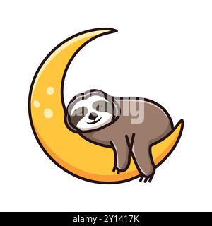 Sonno lunare. Adorabile bradipo cartoni animati che piange su una luna crescente, perfetto per i design a tema sonno. Illustrazione Vettoriale