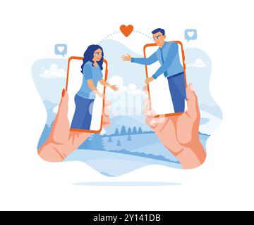 Una giovane coppia comunica usando un cellulare. Festeggia San Valentino online. Concetto di relazioni virtuali. Illustrazione vettoriale piatta. Illustrazione Vettoriale