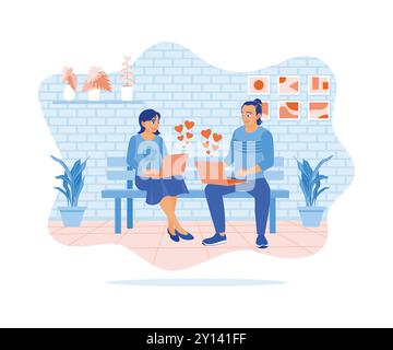 Giovane coppia seduta su sedie all'interno della casa. Inviare i simboli del cuore a vicenda dallo schermo del laptop. Concetto di incontri online. Illustrazione vettoriale piatta Illustrazione Vettoriale