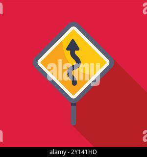 Cartello stradale giallo che indica una strada tortuosa davanti a te, avvertendo i conducenti di essere cauti Illustrazione Vettoriale