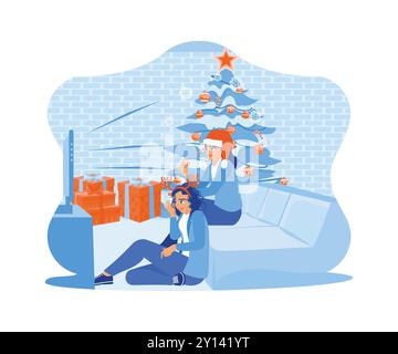 Due amiche sedute insieme vicino all'albero di Natale. Trascorri la vigilia di Natale divertendoti e guardando la televisione insieme. Famiglia che condivide il Natale Illustrazione Vettoriale