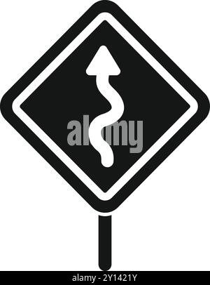 Icona in bianco e nero di un cartello stradale tortuoso che indica le curve che precedono Illustrazione Vettoriale