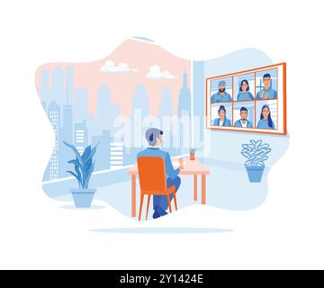 Giovane che effettua videochiamate con amici e familiari sullo schermo LCD. Organizza una festa da casa. Concetto di relazioni virtuali. Illustrazione vettoriale piatta. Illustrazione Vettoriale