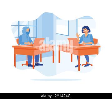 Una giovane donna che esce online con un fidanzato finto. Fanno videochiamate tramite laptop. Concetto di incontri online. Illustrazione vettoriale piatta. Illustrazione Vettoriale