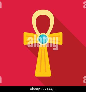 Ankh egiziano dorato con gemma blu che rappresenta la vita eterna, con una lunga ombra su sfondo rosso Illustrazione Vettoriale