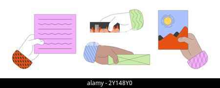 Persone multietniche mani che tengono in mano elementi illustrazioni cartoni animati set Illustrazione Vettoriale