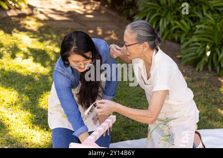 Dipingendo mobili in legno, nonne asiatiche e nonna che si divertono insieme a progetti fai-da-te all'aperto Foto Stock