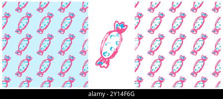 Motivo senza cuciture. Caramelle. Impostare i disegni con pastelli di cera. Design cucina o caffetteria. Stampa per tessuti, tessuti, tessuti, carta da parati, carta da imballaggio Illustrazione Vettoriale
