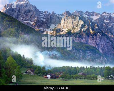 Una vista sulla fattoria dalla panoramica strada Solcava, Slovenia, Europa Foto Stock