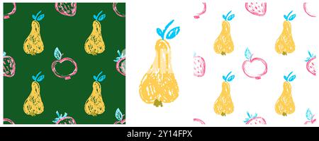 Imposta i motivi senza cuciture di frutta e bacca. Disegni per bambini con pastelli di cera. Stampare per il design in tessuto Illustrazione Vettoriale