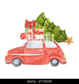 Composizione acquerello con auto rossa, diverse confezioni regalo e albero di Natale con stella Foto Stock