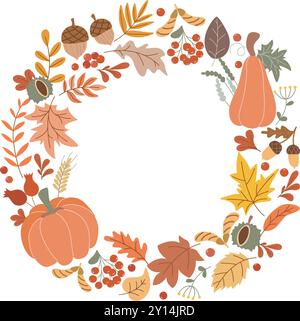 Confortevole cornice rotonda autunnale per un design stagionale di carte, banner, saldi, volantini o volantini. Corona rotonda di foglie d'acero essiccate, quercia, frutti di rowan, ghiande Illustrazione Vettoriale