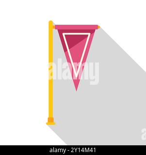 Illustrazione vettoriale minimalista di una bandiera rosa triangolare pennant appesa a un palo metallico, isolata su uno sfondo bianco Illustrazione Vettoriale