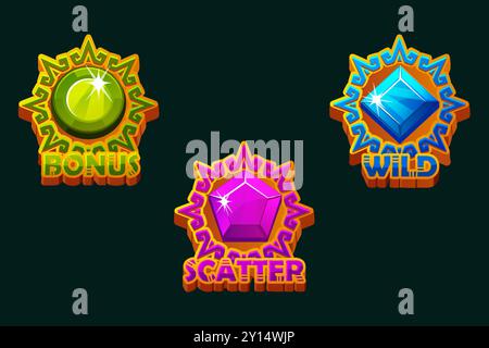 Pietre preziose in telai a dischi solari, icone DELLE APP: BONUS, SELVAGGI e SPARGIMENTI per giochi slot. Risorse di gioco 2D. Illustrazione Vettoriale
