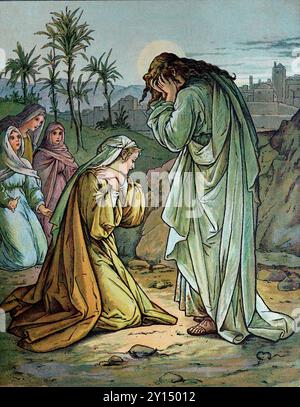 Gesù pianse: La morte di Lazzaro. Gesù nel giardino del Getsemani. Da una raccolta di stampe a colori di illustrazioni di John Lawson (1838-1908), pubblicate in un libro di storie bibliche, c1897. Lawson nacque a Dunfermline, Fyfe, in Scozia, ma trascorse gran parte della sua vita in Inghilterra. Divenne noto per le sue sculture, dipinti e disegni di vetrate. Foto Stock