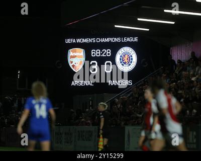 Borehamwood, Regno Unito. 4 settembre 2024. Il tabellone segnapunti durante la semifinale della UEFA Champions League tra Arsenal e Rangers al Mangata Pay UK Stadium, Meadow Park. Crediti: Jay Patel/Alamy Live News Foto Stock