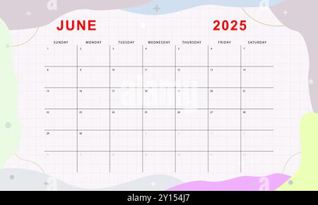 Pianificatore mensile giugno 2025. Carino modello di calendario. Inizio domenica. Progettazione vettoriale Illustrazione Vettoriale