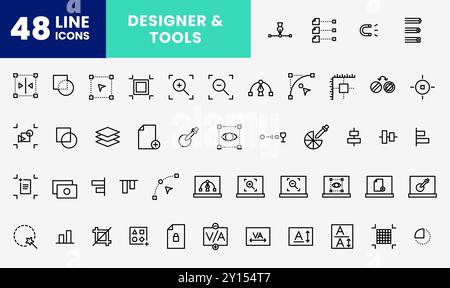 pacchetto di linee di icone sugli strumenti di progettazione, strumento penna, zoom, laptop, curvo, linea e molto altro. colore modificabile, stile icona contorno. Illustrazione Vettoriale