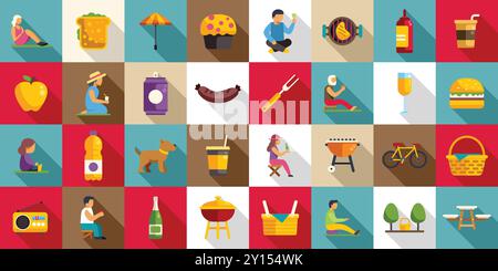 Set di icone per picnic nel parco cittadino. Le persone si divertono all'aperto nel parco con cibo da picnic e bevande in questo set iconico di design piatto Illustrazione Vettoriale