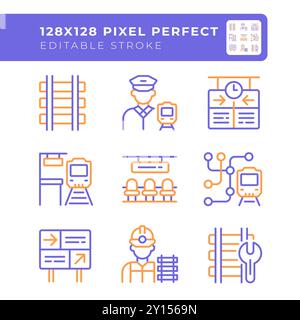 Set di icone a due linee colorate per l'industria ferroviaria Illustrazione Vettoriale