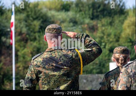 Todendorf, Germania, 4. Settembre 2024 Soldaten der Flugabwehrraketengruppe 61 bei der Übergabe eines IRIS-T Raketensystems **** Todendorf, Germania, 4 settembre 2024 soldati del gruppo missilistico di difesa aerea 61 alla consegna di un sistema missilistico IRIS T. Foto Stock