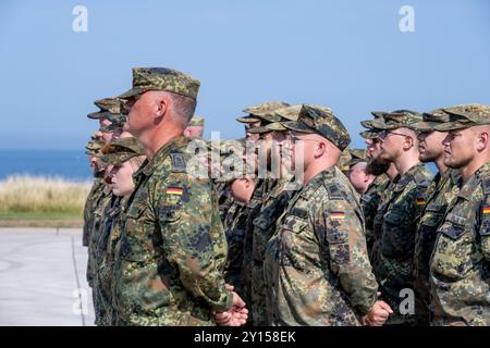 Todendorf, Germania, 4. Settembre 2024 Soldaten der Flugabwehrraketengruppe 61 bei der Übergabe eines IRIS-T Raketensystems **** Todendorf, Germania, 4 settembre 2024 soldati del gruppo missilistico di difesa aerea 61 alla consegna di un sistema missilistico IRIS T. Foto Stock