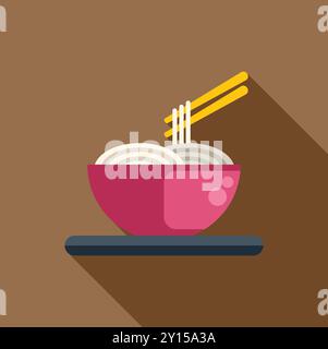 Semplice icona di una ciotola di spaghetti sollevata dalle bacchette, con un design piatto e una lunga ombra Illustrazione Vettoriale