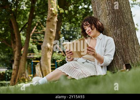 Una giovane donna ama leggere un libro sotto un albero in un lussureggiante parco estivo. Foto Stock