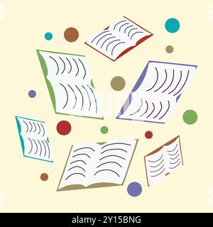 Il concetto dei libri si basa sul design piatto dei cartoni animati. Immagine di diversi libri aperti. Illustrazione vettoriale con oggetti di design isolati su sfondo giallo. Illustrazione Vettoriale