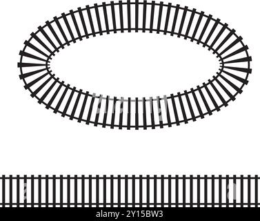 Segmenti ferroviari. Vista dall'alto degli elementi stradali su rotaia. Linea retta Traintrack e telaio ovale isolato su sfondo bianco. Struttura della recinzione o delle scale Illustrazione Vettoriale