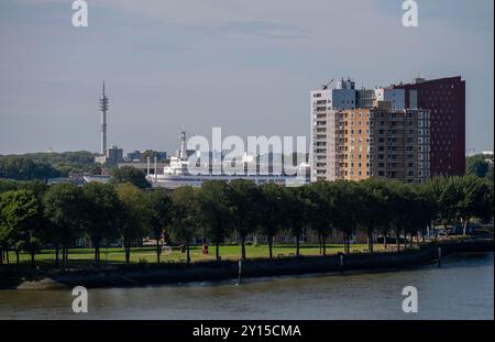 La linea originale Rotterdam, ora un hotel ormeggiato in città, vista da una moderna nave da crociera, con Euromast sullo sfondo Foto Stock