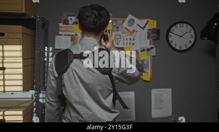 Un uomo al telefono nell'ufficio di un detective, con un cartello delle prove e un orologio sullo sfondo, implicando un'indagine. Foto Stock