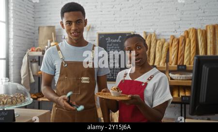 Uomini e donne fornai in grembiuli che lavorano insieme in un forno circondato da pane e dolci Foto Stock