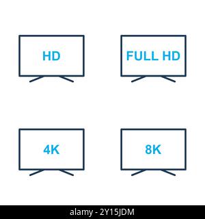 Set vettoriale icone TV. Icone di risoluzione video HD, Full HD, 4K, 8K. Display con qualità diversa. Traccia modificabile. Illustrazione vettoriale Illustrazione Vettoriale