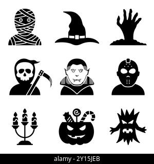 Graziosa icona di Halloween. Divertente costume di Dracula, Mamma, Strega, Grim Reaper, vampiro per Halloween Party Glyph pittogramma. Nero spaventoso Illustrazione Vettoriale