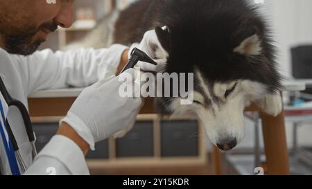 Il veterinario ispanico esamina un husky in una clinica, mostrando cura, esperienza e un ambiente interno. Foto Stock