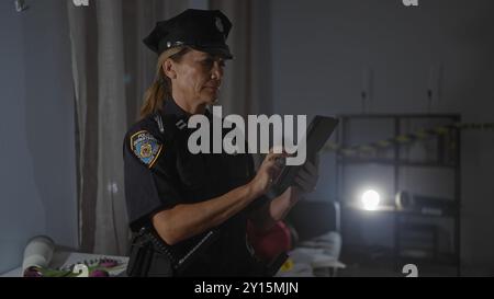 Una poliziotta di mezza età indaga su una scena del crimine al chiuso poco illuminata, esaminando attentamente il suo tablet. Foto Stock