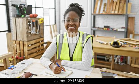 Donna afroamericana sorridente in un giubbotto riflettente che scrive note in un laboratorio di falegnameria. Foto Stock