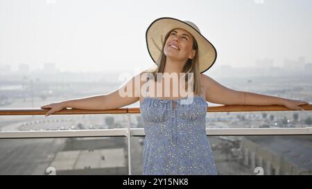 Una donna sorridente in cappello gode del sole su un ponte delle navi da crociera che si affaccia sull'oceano. Foto Stock