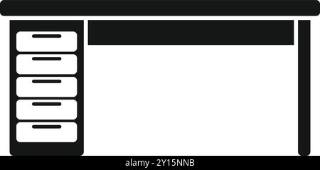 Questa illustrazione vettoriale in bianco e nero minimalista raffigura una scrivania da ufficio con cassetti, che sottolinea l'efficienza dell'organizzazione dello spazio di lavoro Illustrazione Vettoriale