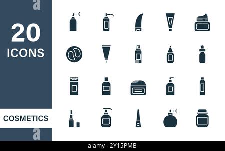 Prodotti cosmetici di bellezza per la cura del corpo, della pelle e dei capelli. Flaconi con spray, dispenser, vaschetta per la crema, tubo e diversi contenitori per la cura. Set di Illustrazione Vettoriale