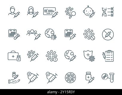 Set di icone lineari per la vaccinazione medica. Iniezione, prevenzione e trattamento della covid. Icone della linea di vaccino. Siringa e virus medicali, certificato per Illustrazione Vettoriale