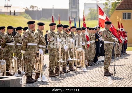 Copenaghen, Danimarca. 5 settembre 2024. Il giorno della bandiera per la Danimarca schierata è segnato da un servizio commemorativo a Kastellet a Copenaghen, giovedì 5 settembre 2024. (Foto: IDA Marie Odgaard/Ritzau Scanpix) credito: Ritzau/Alamy Live News Foto Stock