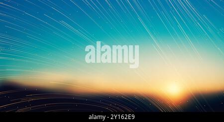 Curve colorate, linee di energia 3D fluenti, movimento sfocato di stelle o particelle nel cielo del tramonto - cielo luminoso dorato, sfondo concetto astronomico, Illustrazione Vettoriale