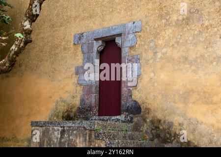 Porta in legno nel muro di un'antica casa in Portogallo Foto Stock