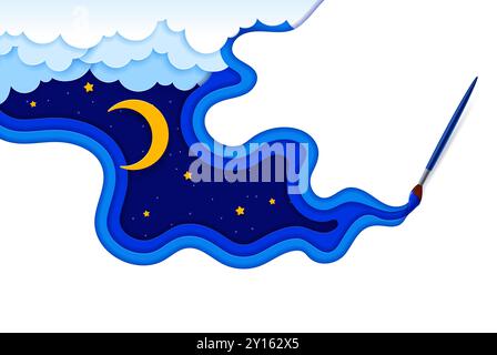 Pennello e carta tagliano il cielo notturno. cornice a strati vettoriale 3d papercut con nuvole, stelle e una luna crescente in un cielo blu scuro. Pennello per creare una vivace e fantasiosa arte notturna Illustrazione Vettoriale
