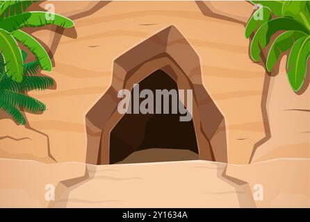 Ingresso alla grotta dei pirati circondato da scogliere rocciose e lussureggianti foglie di palma verde. Buca vettoriale dei cartoni animati nella montagna, tunnel sotterraneo o caverna nascosti, paesaggio naturale estivo, sottofondo di gioco vuoto Illustrazione Vettoriale